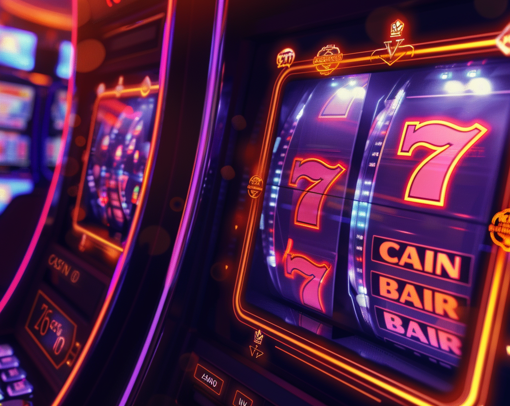 Close-up of neon slot machine with lucky sevens spinning.